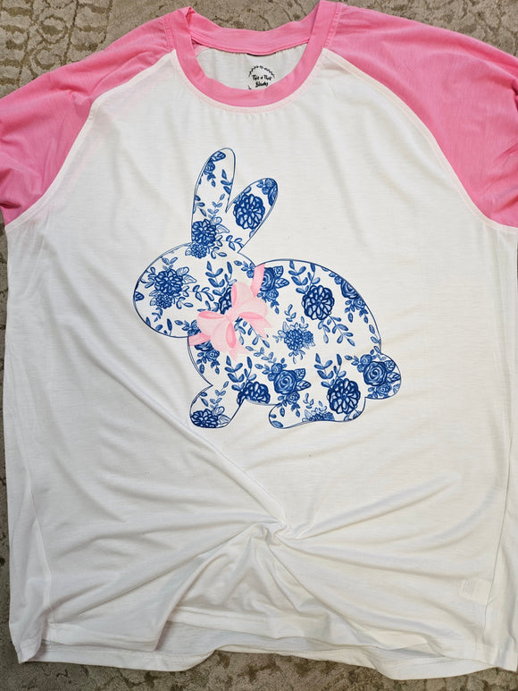 Blue & White Chinoiserie Bunny with Bow Raglan