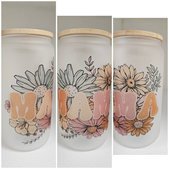 Mama with flowers frosted glass tumbler